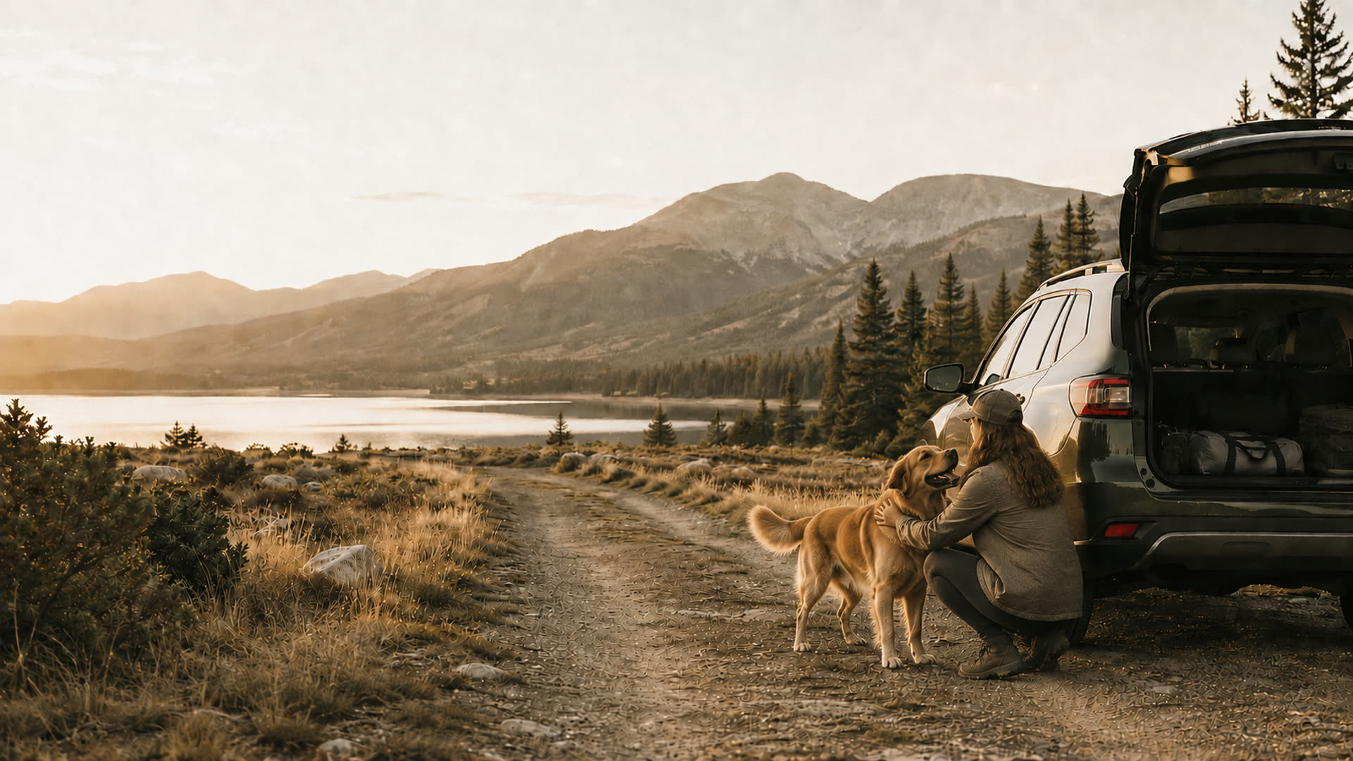 The owner kneeling to greet the dog beside the loaded SUV